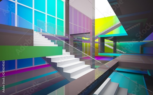 Abstract brown and colored gradient glasses interior multilevel public space with window. 3D illustration and rendering.