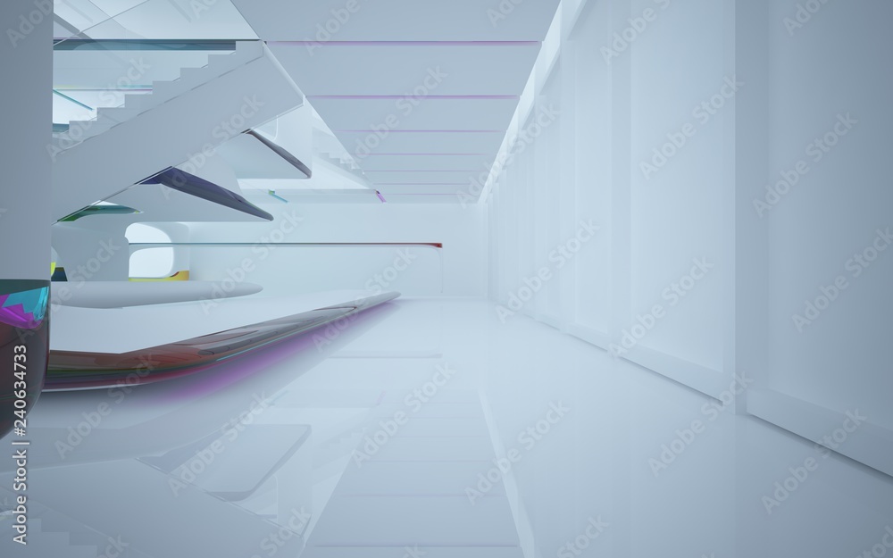 White smooth abstract architectural background whith colored gradient lines . 3D illustration and rendering White smooth abstract architectural background whith colored gradient lines . 3D illustration and rendering