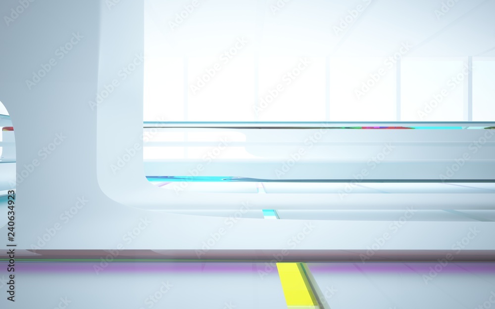 White smooth abstract architectural background whith colored gradient lines . 3D illustration and rendering White smooth abstract architectural background whith colored gradient lines . 3D illustration and rendering