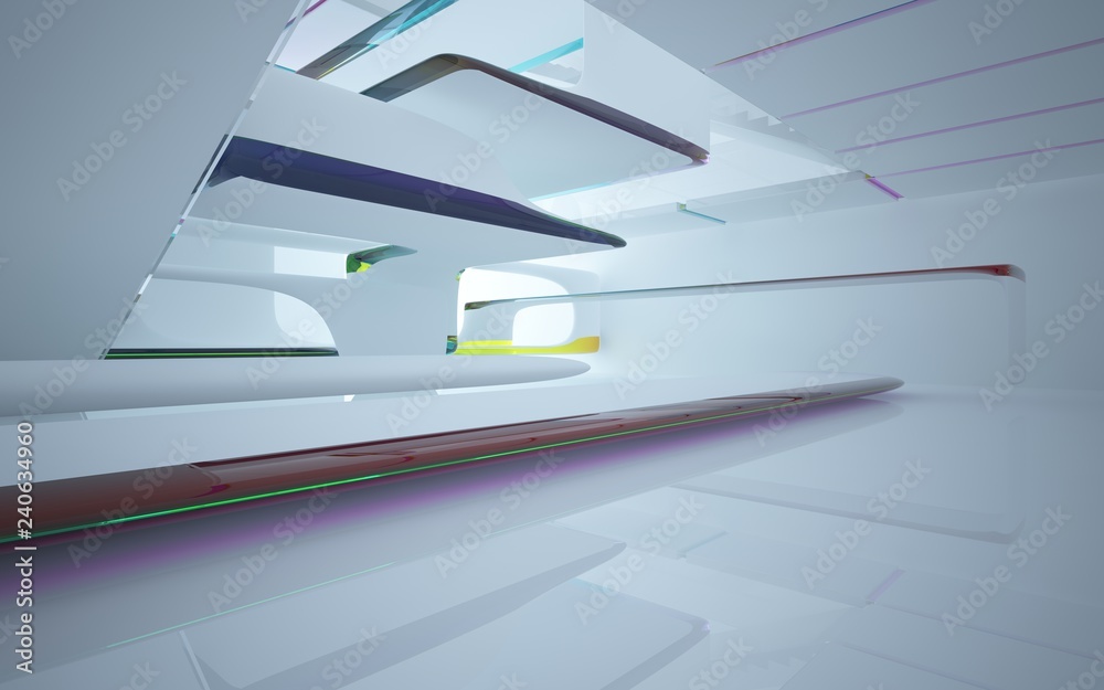 Fototapeta premium White smooth abstract architectural background whith colored gradient lines . 3D illustration and rendering