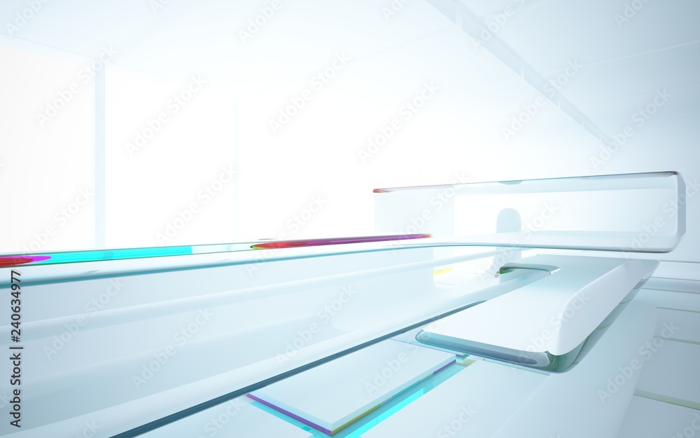 Fototapeta premium White smooth abstract architectural background whith colored gradient lines . 3D illustration and rendering