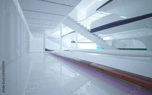 White smooth abstract architectural background whith colored gradient lines . 3D illustration and rendering