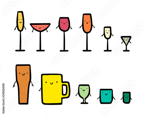 Set of smiling glass different forms and drinks colorful illustration
