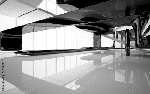 Abstract dynamic interior with black smooth objects and white room . 3D illustration and rendering