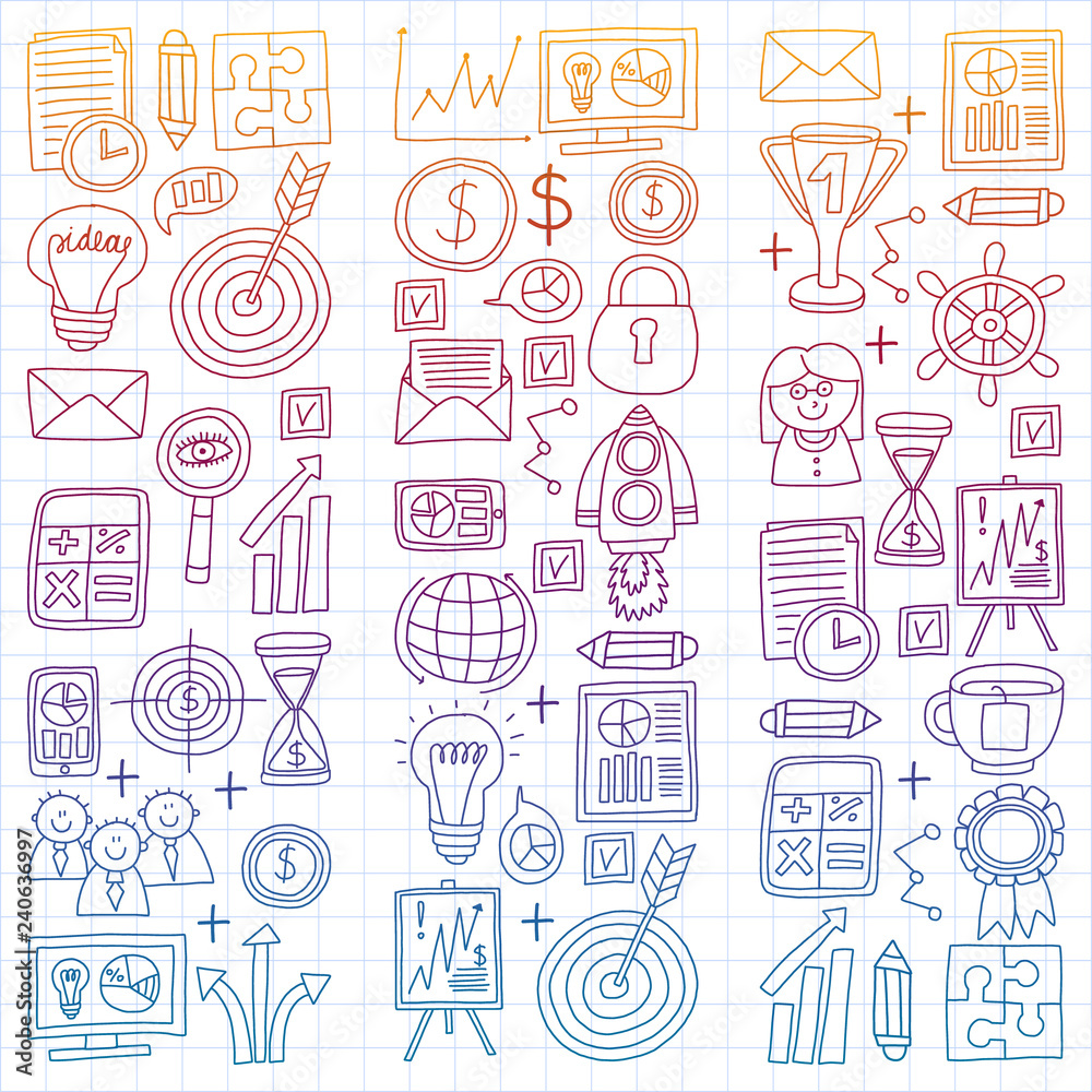 Vector set of bussines icons in doodle style. painted by penon a piece of paper in cage. Vector set of bussines icons in doodle style. painted by penon a piece of paper in cage.