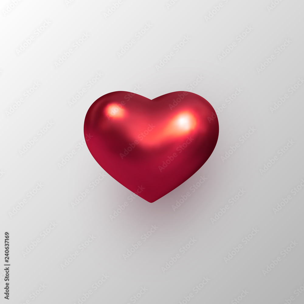 3d red metallic heart. Decorative element for Valentines day, holiday design. Isolated on white background. Vector illustration.