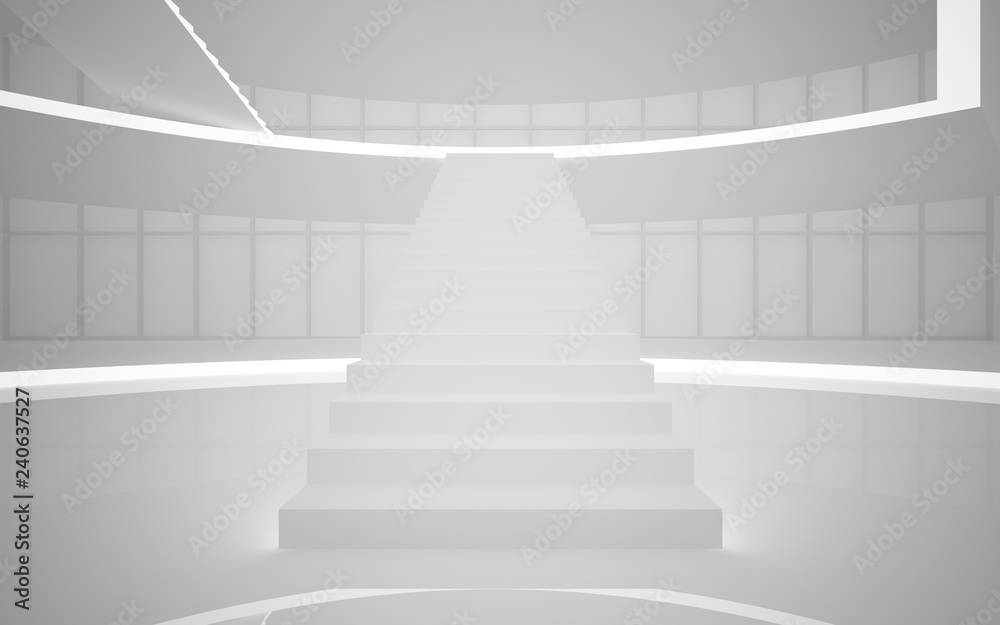 Abstract white interior multilevel public space with neon lighting. 3D illustration and rendering. Abstract white interior multilevel public space with neon lighting. 3D illustration and rendering.