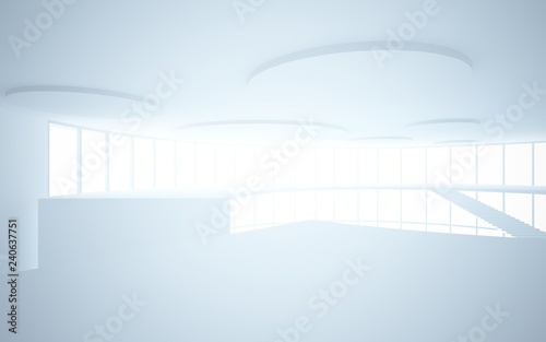 Abstract white interior multilevel public space with window. 3D illustration and rendering.