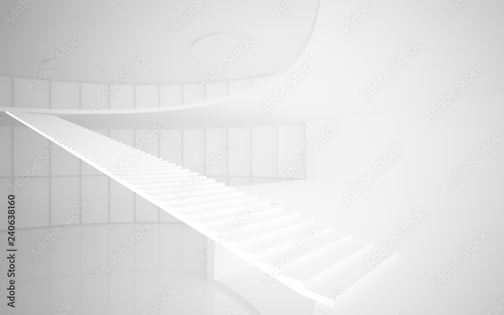 Abstract white interior multilevel public space with window. 3D illustration and rendering.