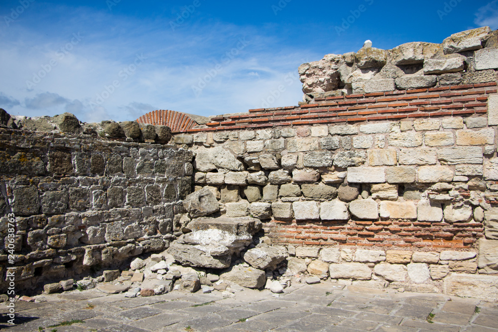 Ruins of an ancient temple complex in Nessebar. Old church ruin in Nessebar, ancient city on the Black Sea coast of Bulgaria.