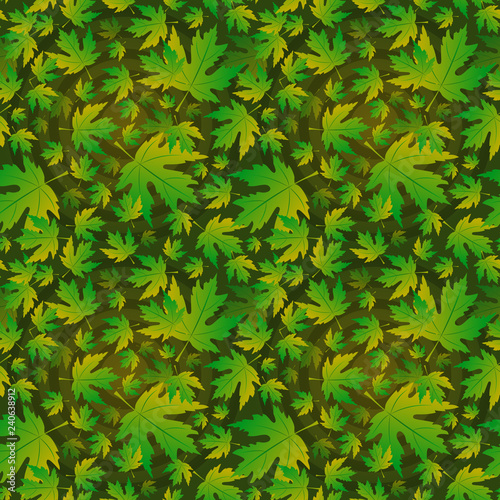 Seamless pattern from green leaves on a dark olive background. Vector illustration. Suitable for fabric, wallpaper and wrapping paper