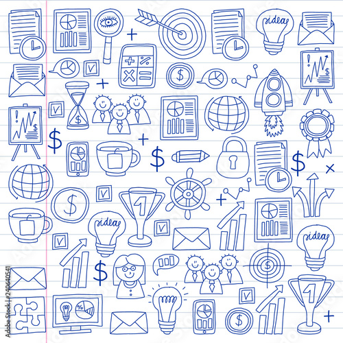 Vector set of bussines icons in doodle style. painted by penon a piece of paper in line.