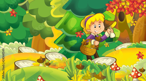 cartoon autumn nature background with girl gathering mushrooms - illustration for children
