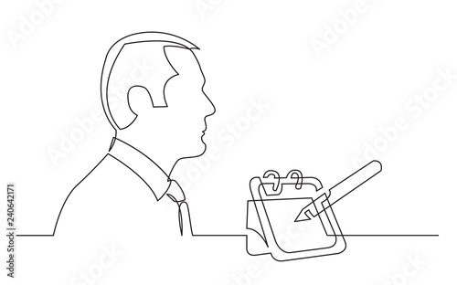 continuous line drawing profile portrait of businessman thinking about business calendar