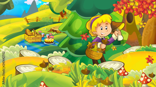 cartoon autumn nature background with girl gathering mushrooms - illustration for children