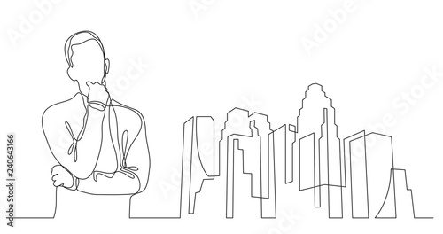 man thinking about relocating to big city - continuous line drawing