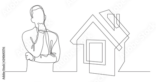 man thinking about buying house - continuous line drawing