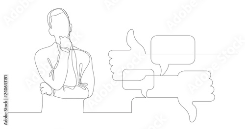 man thinking about discussion in social media - continuous line drawing