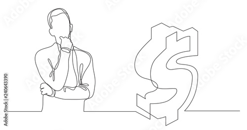 man thinking about money - continuous line drawing