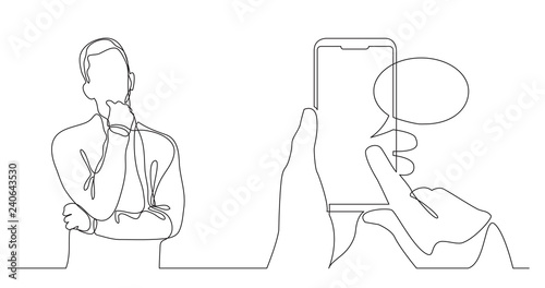 man thinking about social media mobile app - continuous line drawing