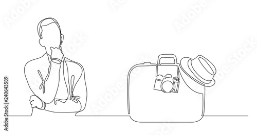 man thinking about vacation trip - continuous line drawing