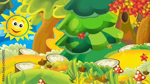 cartoon autumn nature background with space for text - illustration for children