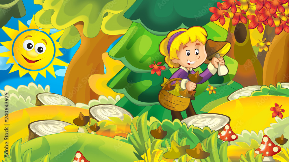 Fototapeta premium cartoon autumn nature background with girl gathering mushrooms - illustration for children