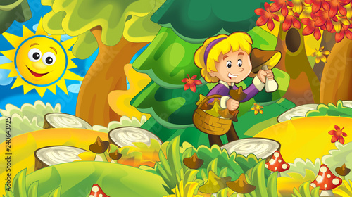 Fototapeta Naklejka Na Ścianę i Meble -  cartoon autumn nature background with girl gathering mushrooms - illustration for children