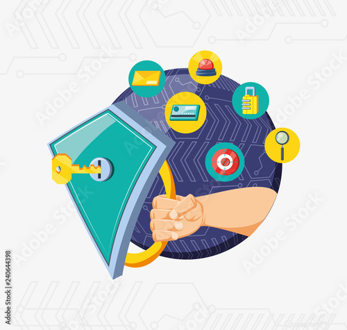 hand with shield and set icons cyber security
