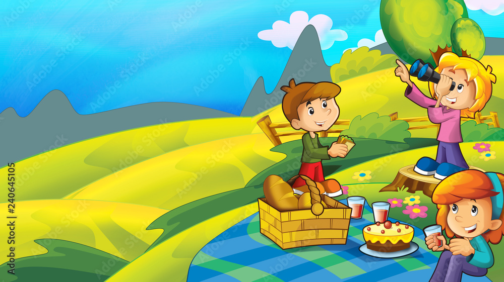 Obraz premium cartoon scene with kids on picnic in the park near the moutains - illustration for children