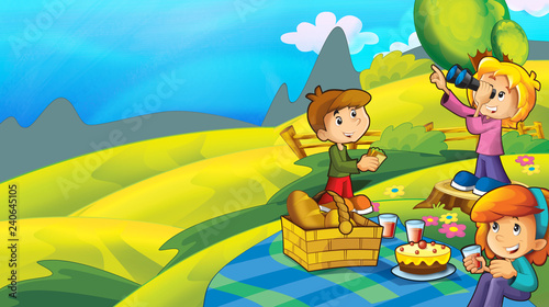 cartoon scene with kids on picnic in the park near the moutains - illustration for children