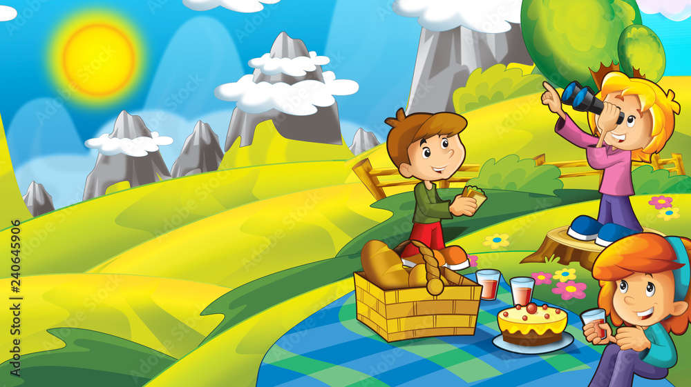 cartoon autumn nature background in the mountains with space for text - illustration for children cartoon autumn nature background in the mountains with space for text - illustration for children