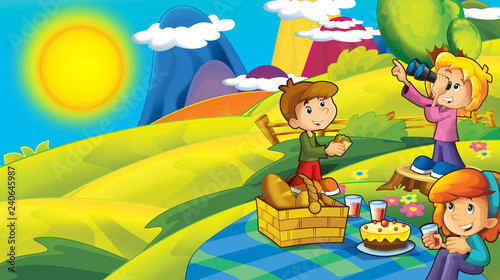 cartoon autumn nature background in the mountains with space for text - illustration for children