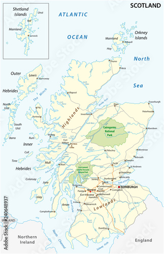 High detailed Scotland road and nationalpark map with labeling