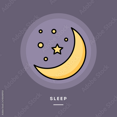 Sleep. Moon and stars, flat design thin line banner, usage for e-mail newsletters, web banners, headers, blog posts, print and more. Vector illustration.