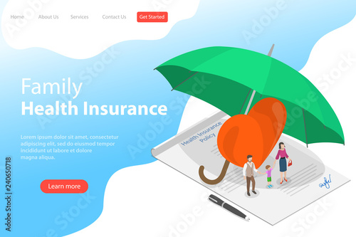 Isometric flat vector landing page template of health insurance policy, healthcare and medical service.