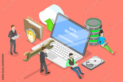Isometric flat vector concept of data recovery services, data backup and protection, hardware repair. photo