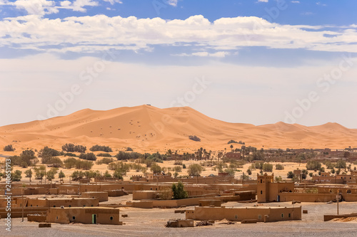 View over Merzouga village and sand dunes Morocco