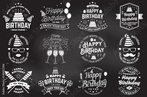 Set of Happy Birthday templates for overlay, badge, card with bunch of balloons, gifts, firework rockets and birthday cake with candles. Vector. Vintage design for birthday celebration