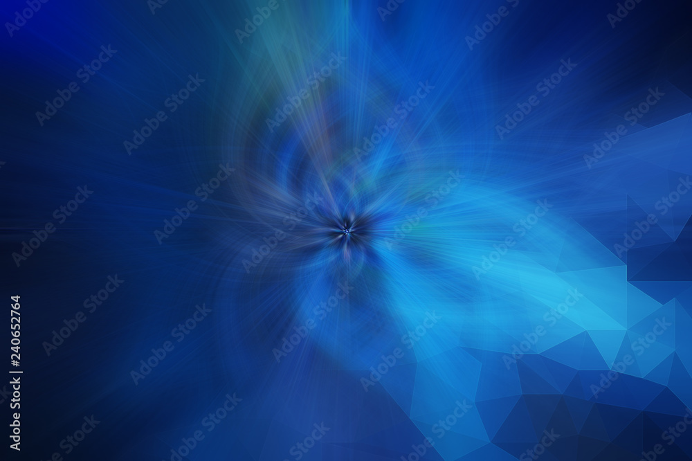 Blue and turquoise straight and curving lines, vanishing point is in the middle. Futuristic and abstract background with blurred speed and motion. Low poly 3D triangular pattern on one corner. Blue and turquoise straight and curving lines, vanishing point is in the middle. Futuristic and abstract background with blurred speed and motion. Low poly 3D triangular pattern on one corner.