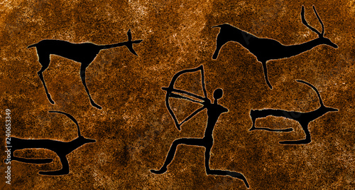 image of ancient hunting on the cave wall. history, epoch, archeology.