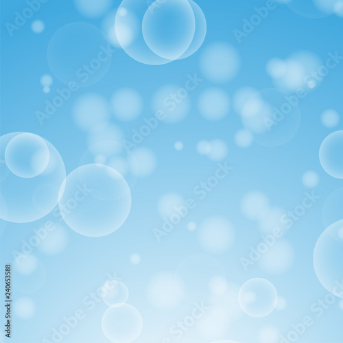 Light blue abstract background with a bokeh in the form of circles. Underwater world with air bubbles. Vector illustration.