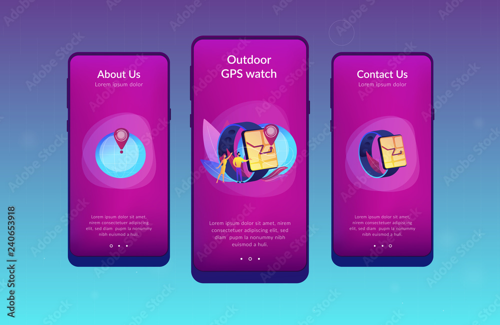 Users looking at smartwatch with GPS navigation pin. Smartwatch navigation,  outdoor GPS watch and smart GPS tracker concept on white background. Mobile  UI UX GUI template, app interface wireframe Stock Vector