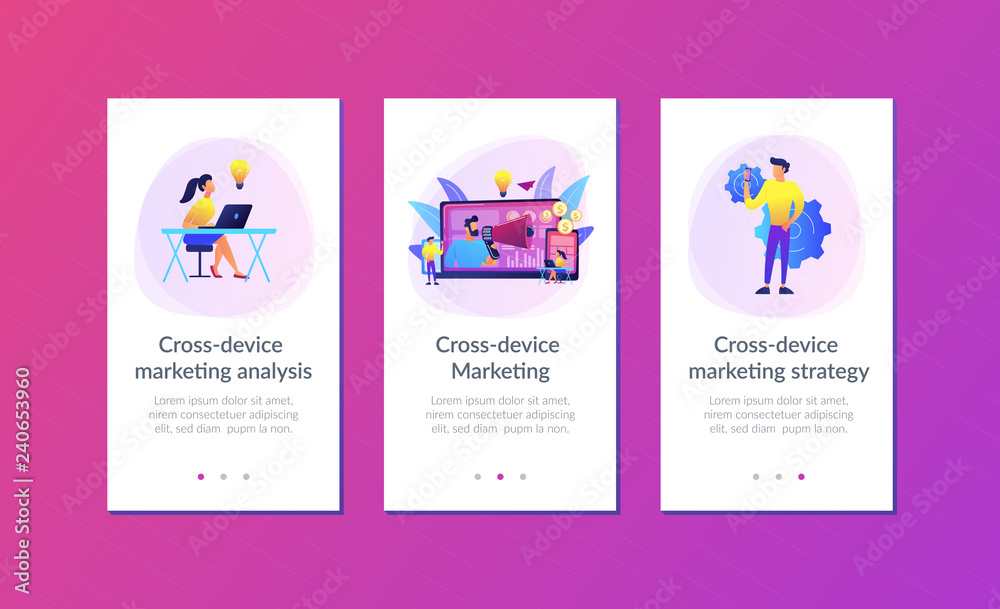 Fototapeta premium Marketer delivering ads with megaphone and devices. Cross-device marketing, cross-device marketing analysis and strategy concept on white background. Mobile UI UX GUI template, app interface wireframe