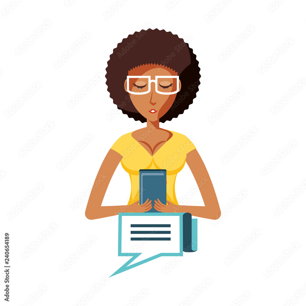woman black with smartphone and speech bubble woman black with smartphone and speech bubble