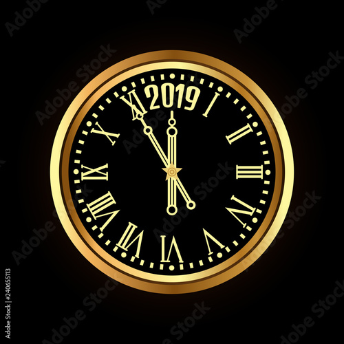 Christmas golden clock chimes of the Kremlin's Spassky tower against a dark background. The arrows show five minutes to twelve. 2019 Happy New Year. Vector illustration.