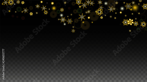 Christmas  Vector Background with Gold Falling Snowflakes Isolated on Transparent Background. Realistic Snow Sparkle Pattern. Snowfall Overlay Print. Winter Sky. Design for Party Invitation.