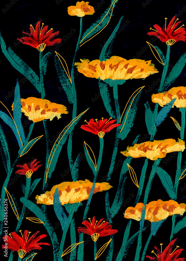Hand-drawn Yellow and Red Flowers on Dark Background Hand-drawn Yellow and Red Flowers on Dark Background