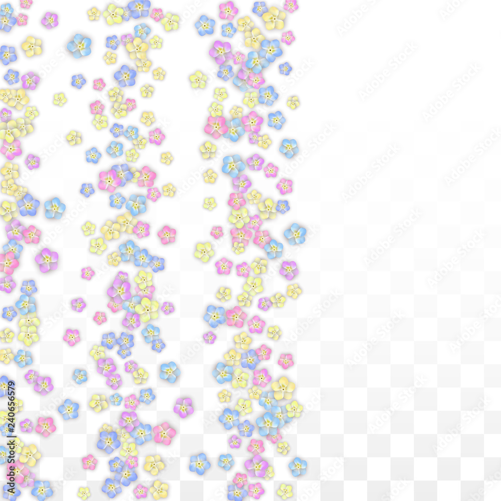 Vector Realistic Colorful Petals Falling on Transparent Background.  Spring Romantic Flowers Illustration. Flying Petals. Sakura Spa Design. Blossom Confetti. Design Elements for Wedding Decoration.
