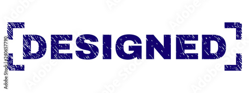 DESIGNED text seal watermark with corroded texture. Text label is placed between corners. Blue vector rubber print of DESIGNED with unclean texture.